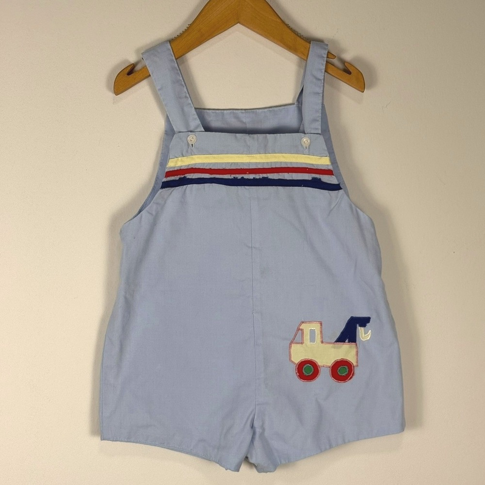 Vintage Dumon Baby Boy Romper Blue Tow Truck Embroidered Stripes Size 24M